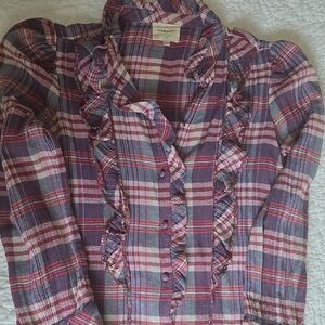 Sézane Purple and Pink Plaid Button-Up Blouse
